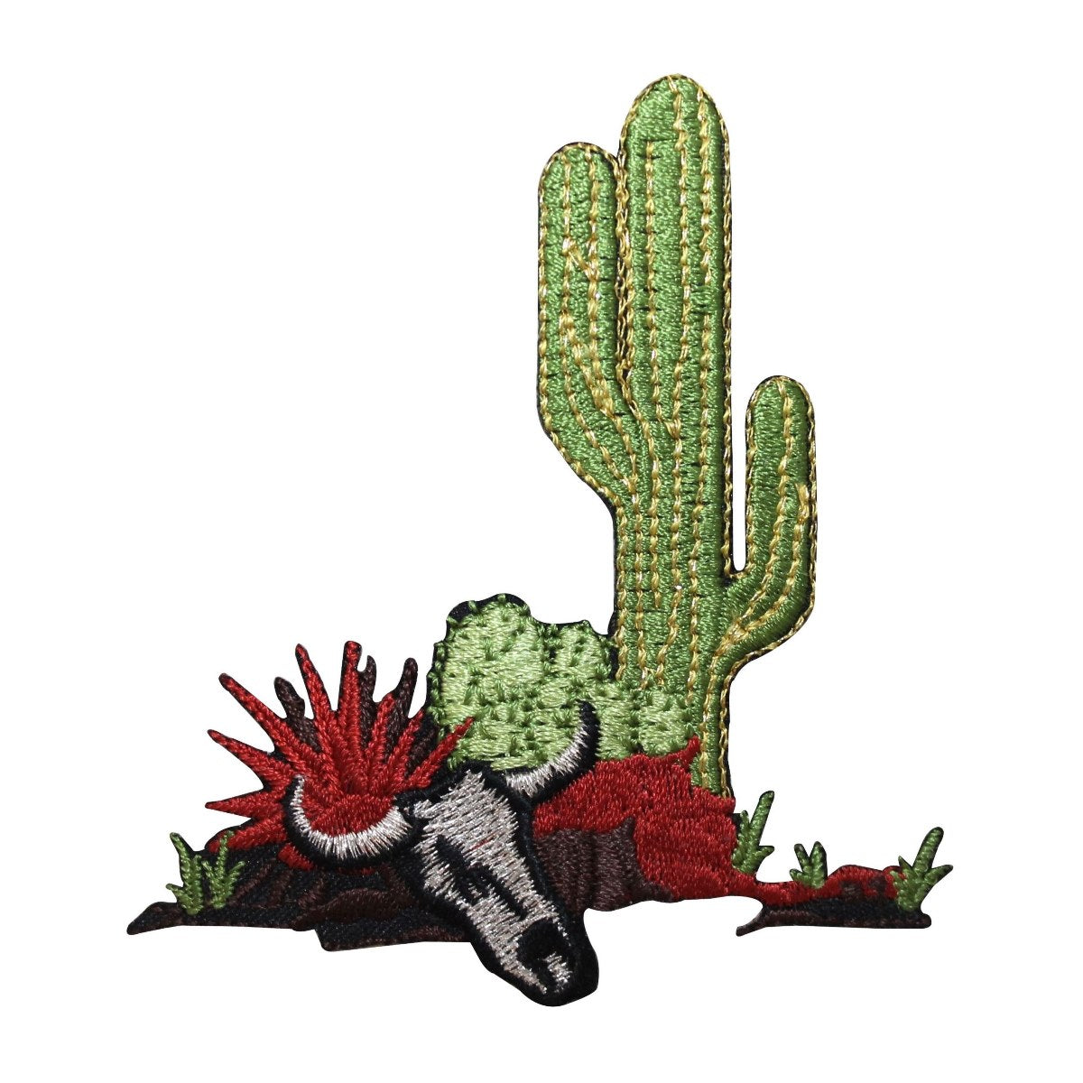 cactus and skull ID 1323 Dry Cactus & Cow Skull Old Western Desert Scene Iron On Appliq –  Your Patch Store