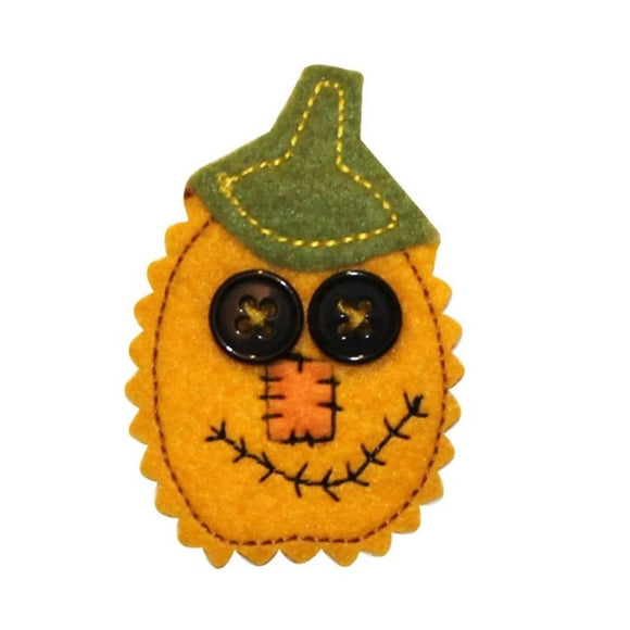 ID 0794B Felt Pumpkin With Buttons Patch Scarecrow Halloween Iron On Applique