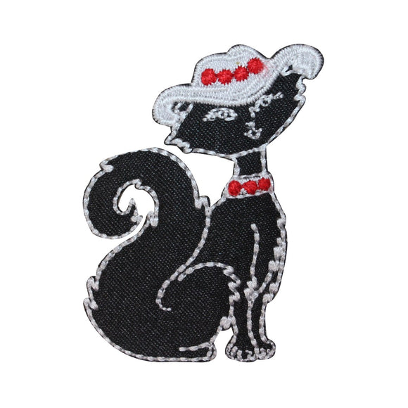 ID 2890 Fancy Black Cat With Hat Patch Kitty Kitten Embroidered Iron On Applique