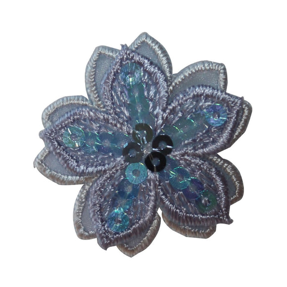ID 6611 Purple Blue Sequined Flower Blossom Iron On Embroidered Patch Applique