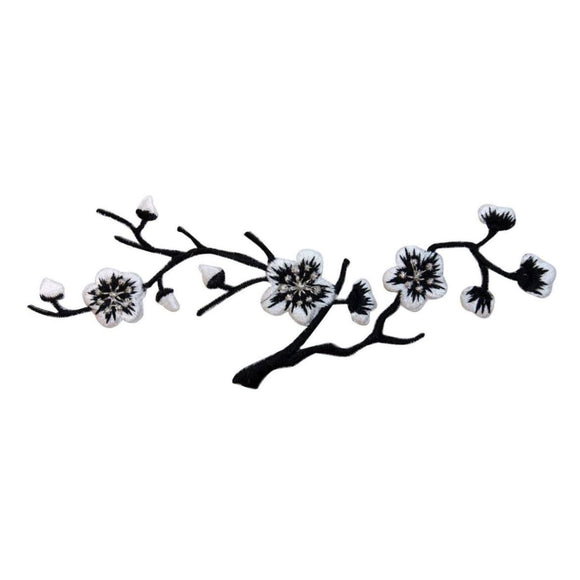 ID 6826 Black & White Flowering Tree Branch Embroidered Iron On Applique Patch