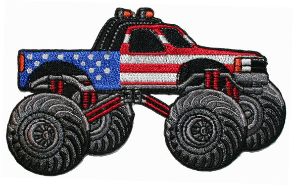 American Flag Monster Truck Patch Big Tires US Race Embroidered Iron On Applique