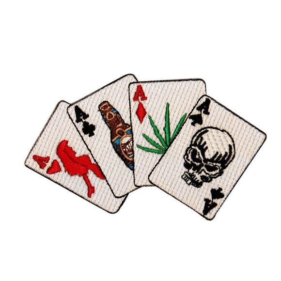 Poker Hand Quad Aces Patch Gamble Cards Skull Luck Embroidered Iron On Applique