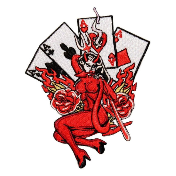 Devil Lady Four Aces Patch Poker Hand Quads Satan Embroidered Iron On Applique