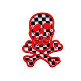Skull Crossbones Patch 2 3/4" Red Checkered Biker Embroidered Iron On Applique