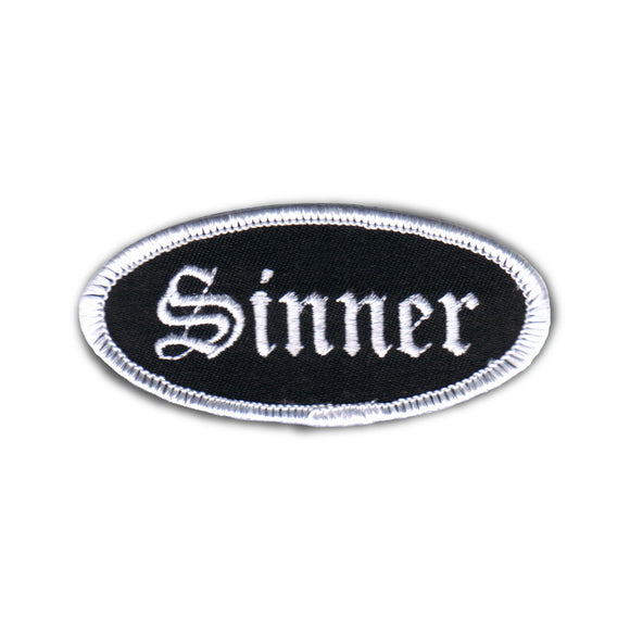 Sinner Name Tag Patch White Novelty Badge Evil Sign Embroidered Iron On Applique