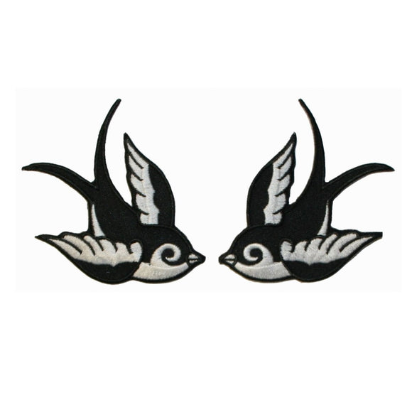 Set of 2 Black Swallow Bird Patch Sparrow Tattoo Embroidered Iron On Applique