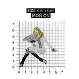 ID 5124 Fancy Lady in White Patch Fashion Pose Fan Embroidered Iron On Applique