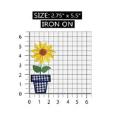ID 6015 Sunflower In Plaid Pot Patch Bloom Flower Embroidered Iron On Applique