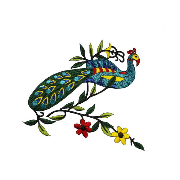 ID 0041A Shiny Peacock With Flowers Patch Wild Bird Embroidered Iron On Applique