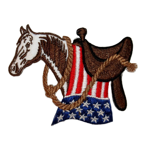 ID 1095 Patriotic Saddle Horse Patch Flag Rodeo Embroidered Iron On Applique