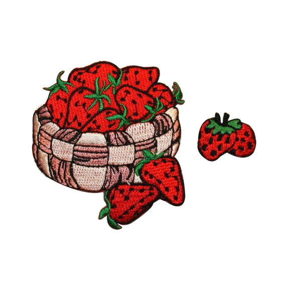 ID 1183AB Set of 2 Basket of Strawberries Embroidered Iron On Applique Patch