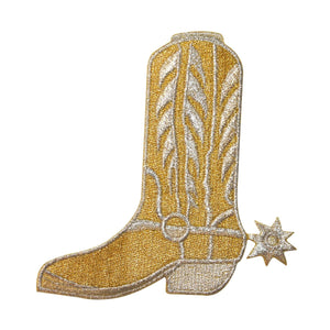 ID 1349 Silver Gold Western Cowboy Riding Boot & Spur Iron On Applique Patch