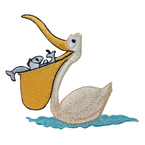 ID 1631 Pelican Fishing Patch Ocean Bird Catch Fish Embroidered Iron On Applique