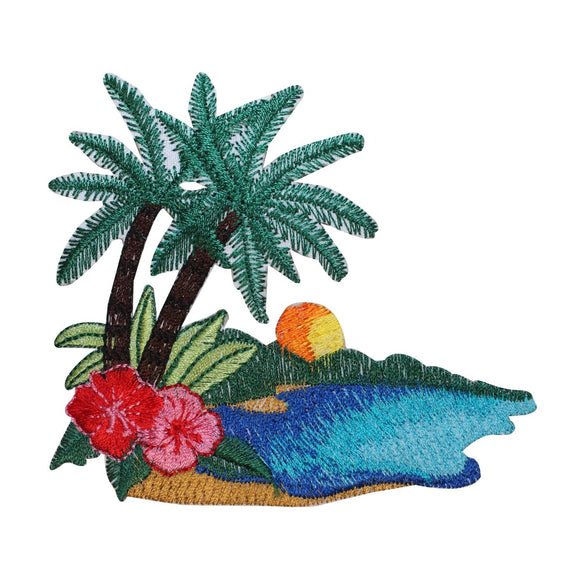 ID 1852 Sunset Beach Scene Patch Vacation Palm Tree Embroidered Iron On Applique