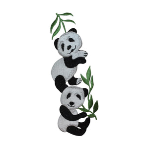 ID 2789z Pair of Pandas Patch Bear Eating Bamboo Embroidered Iron On Applique