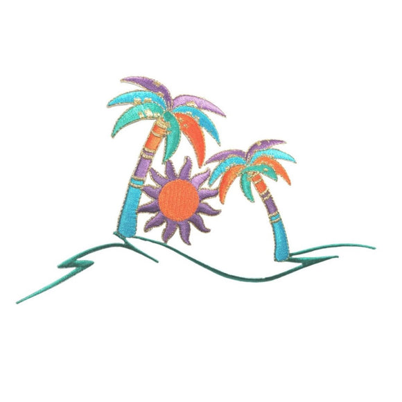 ID 5088 Tropical Beach Scene Large Patch Palm Tree Embroidered Iron On Applique