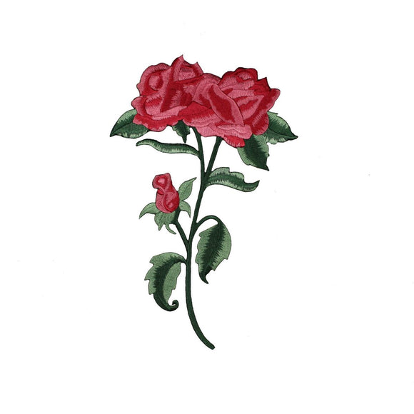 ID 5140 Red Rose Flower Large Patch Stem Plant Embroidered Iron On Applique