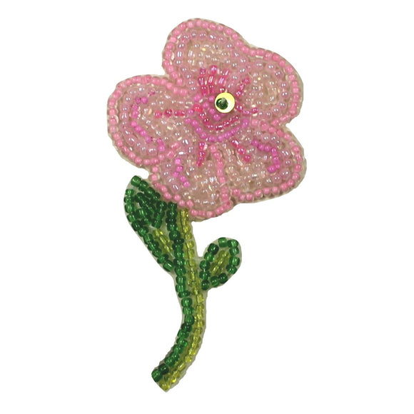 ID 6170 Pink Beaded Flower Blossom Patch Garden Embroidered Iron On Applique