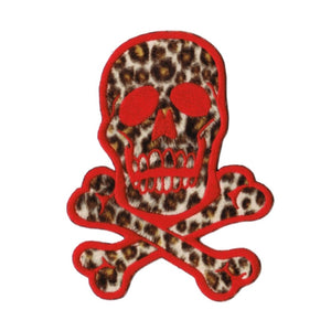 Skull Crossbones Patch Biker Red Leopard Print 6" Embroidered Iron On Applique