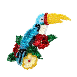 ID 9142 Toucan and Flowers Patch Tropical Jungle Bird Beaded Iron On Applique