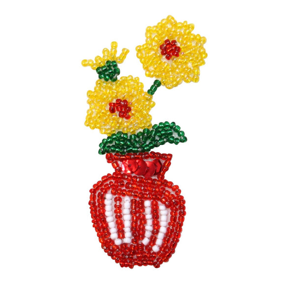 ID 9143 Yellow Flowers in Red Vase Patch Decor Pot Plant Beaded Iron On Applique