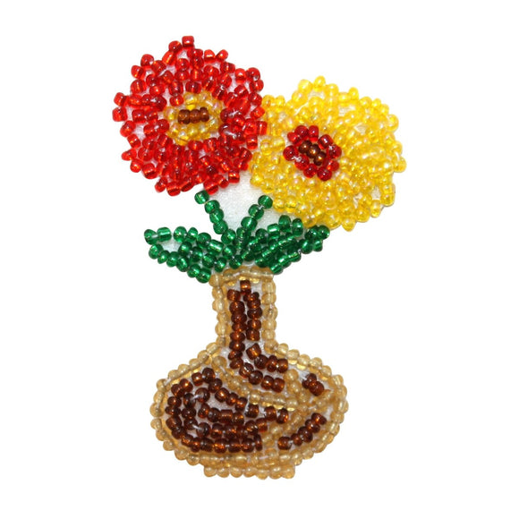 ID 9145 Daisy Flowers In Vase Patch Decor Glass Symbol Beaded Iron On Applique