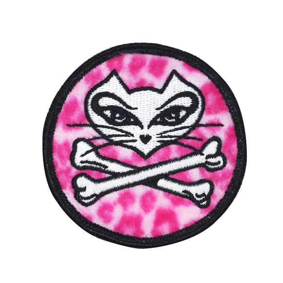 Poison Kitty Cat & Crossbones Patch Pink Fuzzy Felt Embroidery Iron-On Applique