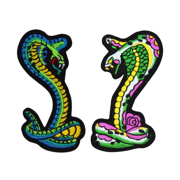 Set of 2 Colorful Cobra Patches Striking Snake Viper Embroidered IronOn Applique