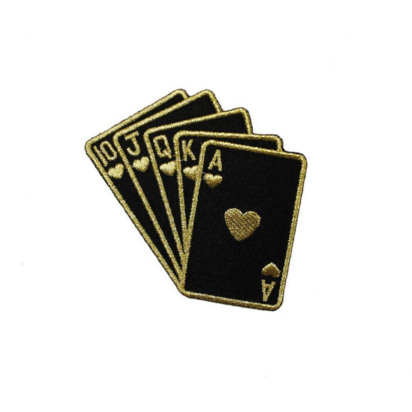 ID 8611 Black Gold Cards Patch Royal Flush Hearts Embroidered Iron On Applique