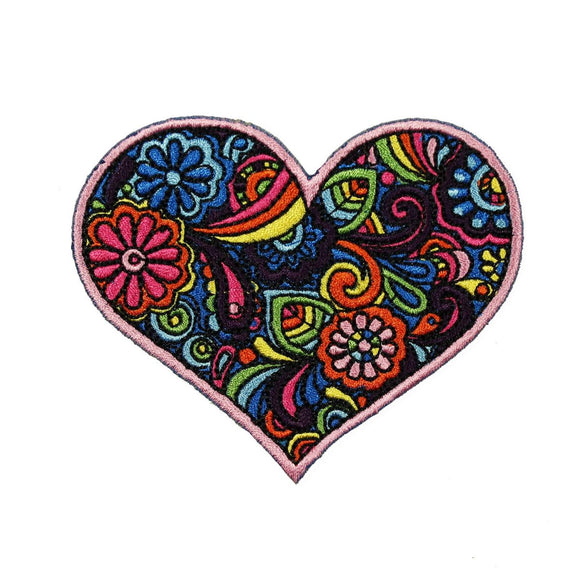 Paisley Heart Patch Love Flowers Colorful Hippie Embroidered Iron On Applique