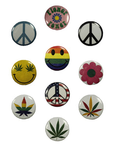 10 Assorted Hippie Buttons 1 INCH Peace, Flower and Smiley Pin Back Badge