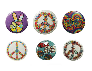 6 Hippie Good Vibes Pins Pack Psychedelic Groovy Love Assorted Pin Back Badge