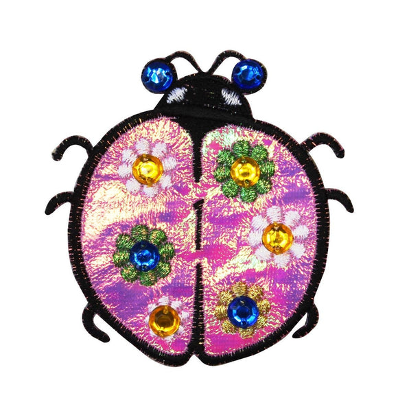 Pink Shiny Ladybug Patch Gem Bead Bug Insect Flower Embroidered Iron On Applique
