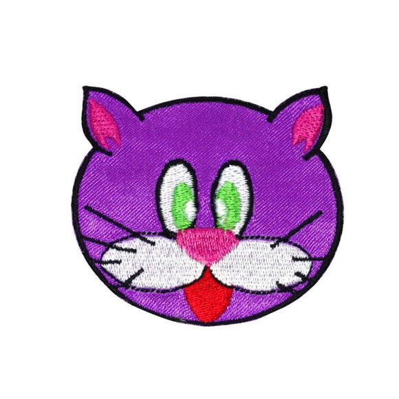 Tongue Out Cat Face Patch Purple Kitty Silly Craft Embroidered Iron On Applique