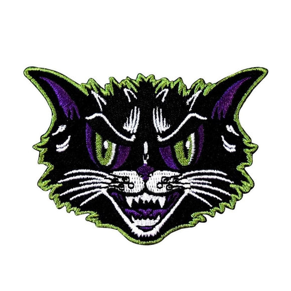 Scary Black Cat Patch Kreepsville Feline Face Halloween Craft Iron-On Applique