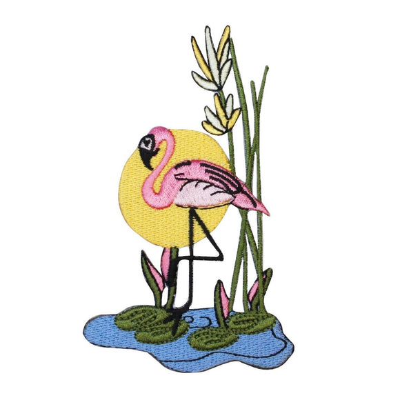 ID 0023 Flamingo Sunset Patch Pink Bird Wading Pond Reeds Craft Iron On Applique