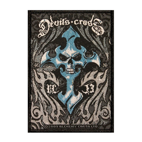 Devil's Cross Skull & Hell Flames Patch Alchemy Carta Woven Sew On Applique