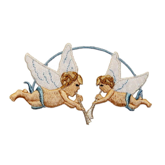 ID 0159A Pair of Angels Playing Horn Patch Music Embroidered Iron On Applique