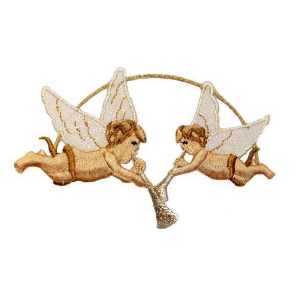ID 0160A Pair of Angels Patch Blowing Horns Embroidered Iron On Badge Applique