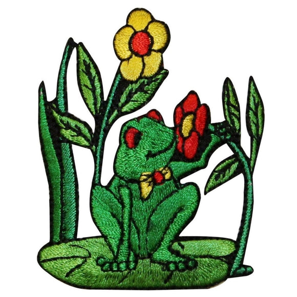 ID 0022 Frog on Lily Pad Patch Smelling Flower Embroidered Iron On Applique