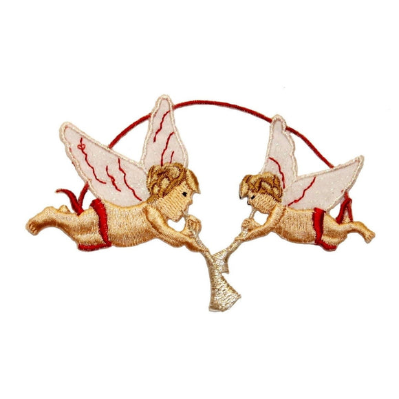 ID 0161A Pair of Angels Patch Cute Playing Horns Embroidered Iron On Applique