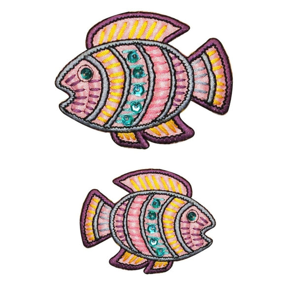 ID 0208AB Set of 2 Tropical Ancient Fish Patch Shiny Sequin Sea Iron On Applique