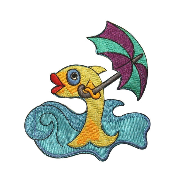 ID 0229 Fish Holding Umbrella Patch Ocean Waves Embroidered Iron On Applique