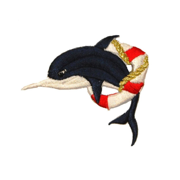 ID 0295 Dolphin Jumping Life Preserver Patch Fish Embroidered Iron On Applique