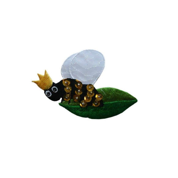 ID 0394 Queen Bee On Leaf Patch Royal Bug Crown Fly Embroidered Iron On Applique