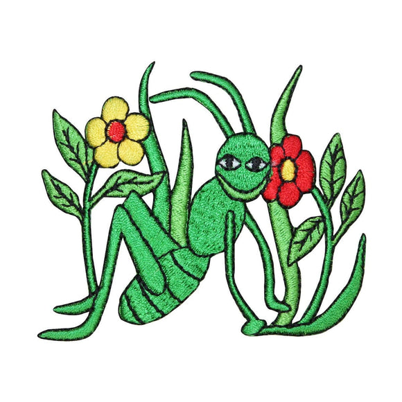 ID 0401 Grasshopper and Flowers Patch Happy Insect Embroidered Iron On Applique