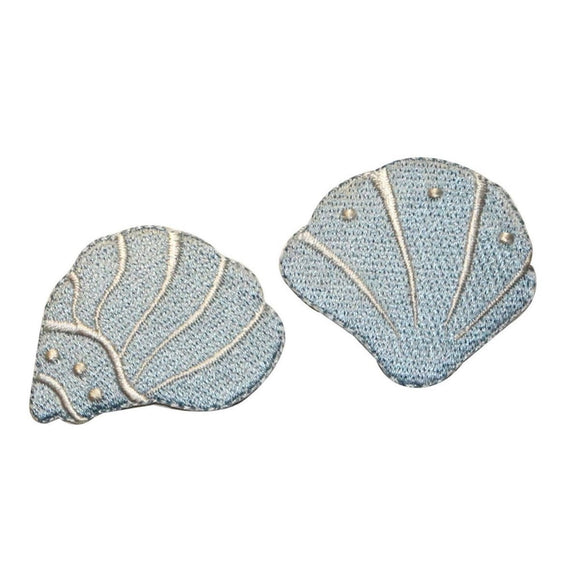 ID 0383AB Set of 2 Blue Seashell Patch Ocean Beach Embroidered Iron On Applique