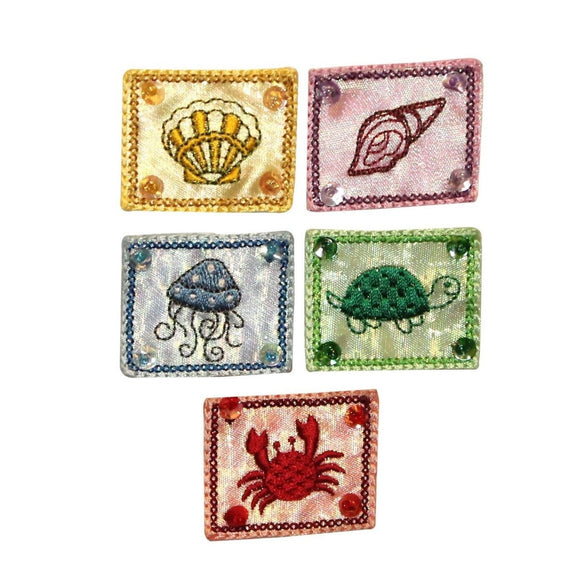 ID 0390A-E Set of 5 Ocean Life Patches Beach Badge Embroidered Iron On Applique
