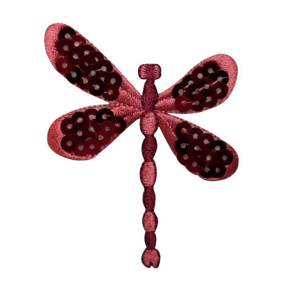 ID 0471C Dark Red Sequin Dragonfly Patch Fairy Embroidered Iron On Applique